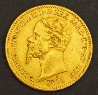 1851,  Kingdom Of Sardinia,  Victor Emanuel Ii.  Gold 20 Lire Coin.  6.  44gm