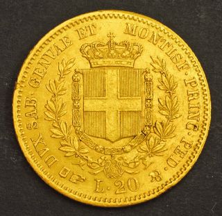 1851,  Kingdom of Sardinia,  Victor Emanuel II.  Gold 20 Lire Coin.  6.  44gm 2
