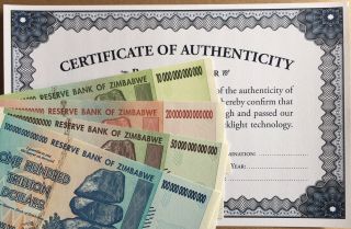 Zimbabwe Zim 10,  20,  50,  100 Trillion Dollars 2008 Aa Set Uv Inspected With