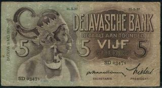 Netherlands East Indies 5 Guldens Banknote 1937