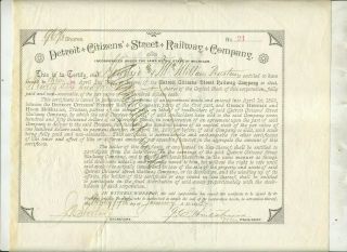 1895 Detroit Citizens Street Railway Company Issue 21 Stock Certificate