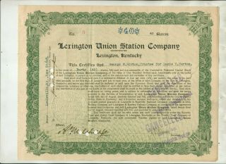 1925 Lexington Union Station Company Kentucky Stock Certificate Issue 5