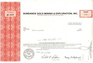 Sundance Gold Mining & Exploration 1981 Stock Certificate
