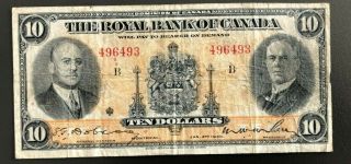 1935 The Royal Bank Of Canada $10 Dollar Bank Note 496493 Large Signatures