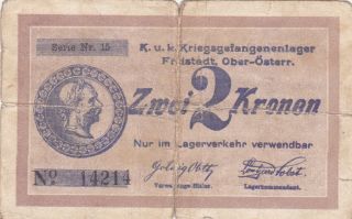 2 Kronen/korona P.  O.  W.  Camp Note From Austro - Hungarian Monarchy 1916 Rare