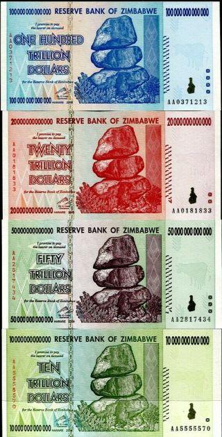 Zimbabwe Set 4; 10 20 50 100 Trillion Dollars Set 2008 P 88 89 90 91 Unc