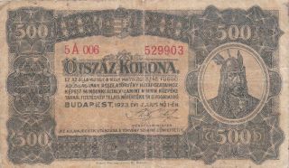 500 Korona Vg Banknote From Hungary 1923 Pick - 74a