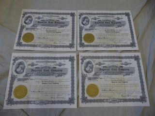4 Antique 1924 - 25 Stock Share Certificates Imperial Coal Company Corder Missouri