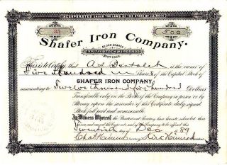 Shafer Iron Company Il 1889 Stock Certificate