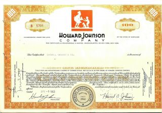 Stock Certificate Howard Johnson Comp.  State Of Maryland,  Documents 1962 Orange
