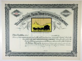 Yellowstone Park Transportation Co,  1900s Parissued Stock Certificate,  Xf Sn 108
