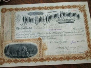 1881 Miller Gold Mining Stock Certificate Esmeralda Nevada