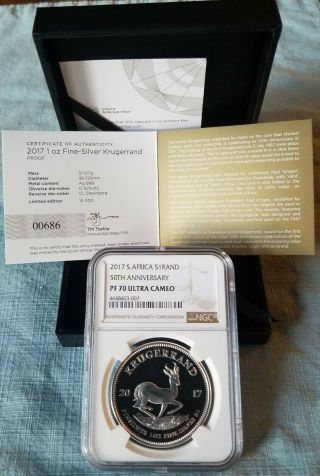 2017 Sa Silver Proof Krugerrand 50th Anniversary Ngc Pf70 Uc Low Low 686
