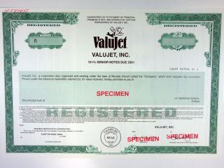 Nv.  Valujet,  Inc. ,  1995 $odd Registered 10 1/4 Senior Note Specimen Bond,  Xf