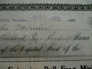 1905 Shosone Extension Bull Frog Mining Company Stock Certificate South Dakota 2