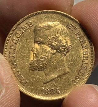 1867 Gold Brazil 10,  000 Reis 8.  96 Grams Pedro Ii Coin