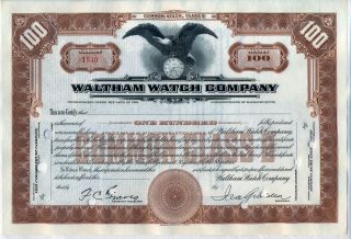 Waltham Watch Company Stock Certificate Massachusetts