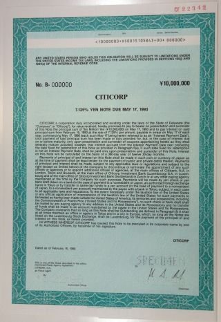 Citicorp. ,  1990 10,  000,  000 Yen Specimen 7.  125 Coupon Bond Xf Scusbnc - Blue
