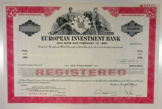 European Investment Bank,  1979 $10,  000 Registered 9 5/8 Specimen Bond,  Xf - Pink