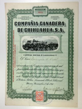 Compania Ganaderea De Chihuahua,  S.  A. ,  1911 1,  000 Pesos I/u Bond Certficate,  Xf