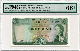 Jersey - 1 Pound Nd/1963 P8a Queen Elizabeth Pmg Gem Unc 66 Epq
