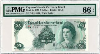 Cayman Islands - 5 Dollars 1974 P6a Elizabeth Ii Pmg Gem Unc 66 Epq