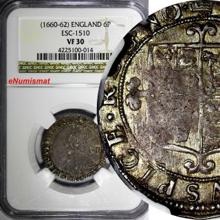 England Charles Ii Silver (1660 - 62) 6 Pence Ngc Vf30 Toning Km 404