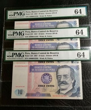 Peru - 3 Consecutive Low Serial Number Notes 443,  444 & 445 Pmg Unc64 - 10 Intis
