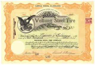Veltung Steel Tire Company.  Stock Certificate