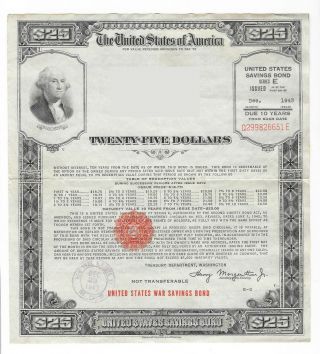 Nyc York Large Us United States War Saving Bond Dec 1943 $25 Series E Ny