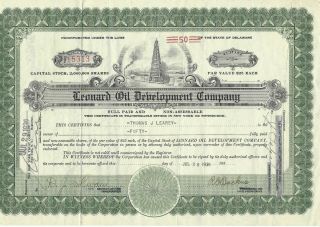 Leonard Oil Development Company Sock Certificate 50 Shares July 28,  1930