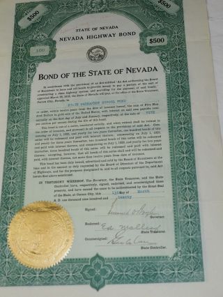 State Of Nevada Nevada Highway Bond 1921 Ten Year For $500 Semi Annual 160