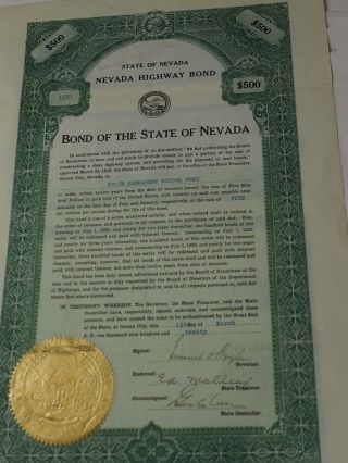 STATE OF NEVADA NEVADA HIGHWAY BOND 1921 Ten Year FOR $500 Semi Annual 160 2