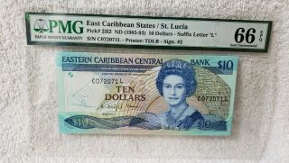 Nd 1985 - 93 East Caribbean States/st.  Lucia Pick 2312 10 Dollars Pmg 66 Epq