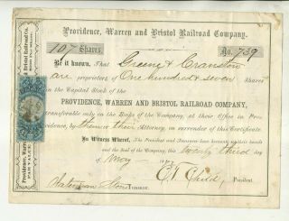 1872 Providence Warren & Bristol Railroad Company Stock Certificate