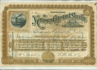 1889 Kansas City & Pacific Railroad Company Issue 44 Kansas Stock Certificate