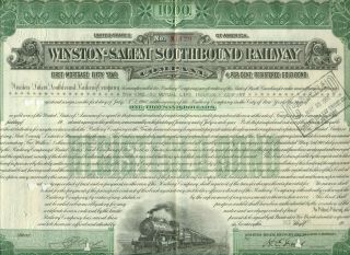 1937 Winson Salem Southbound Railway Company $1000 Bond Certificate
