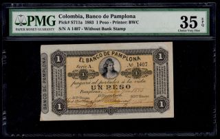 Colombia Banco De Pamplona 1 Peso 1883 Pick S711a Pcgs 35 Very Fine.
