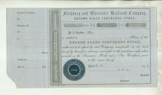 Ca1855 Fitchburg & Worcester Rail Road Company Massachusetts Stock Certificate