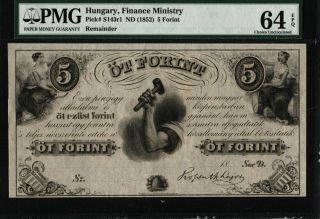 Tt Pk S143r1 Nd (1852) Hungary 5 Forint Finance Ministry Pmg 64 Epq Choice Unc