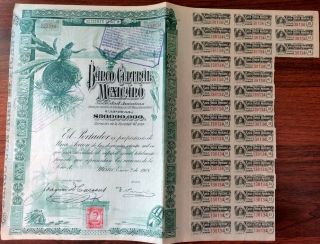 Mexico 1908 Banco Central Mexicano Blueberry 100 Pesos Coupons Unc Bond Loan