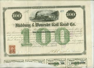 1869 Fitchburg & Worcester Rail Road Company Massachusetts Bond Certificate