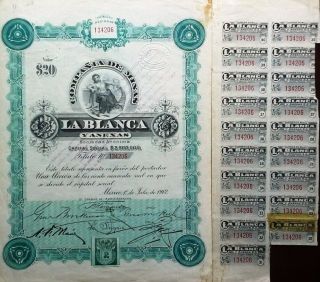 Mexico Mexican 1912 Compania Minas Blanca 20 Pesos Coupons Unc Bond Loan Share