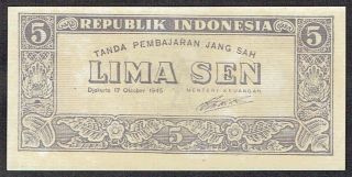 Indonesia 5 Sen 1945 17.  10.  1945 Unc Republik P14 (1)