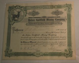 Palace Goldfield Mining Company 1906 Antique Stock Certificate
