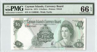 Cayman Islands 1974 P - 6a Pmg Gem Unc 66 Epq 5 Dollars A/1 Prefix