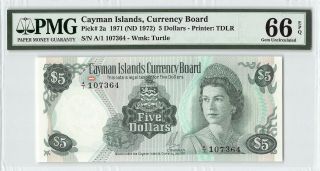 Cayman Islands 1971 (nd 1972) P - 2a Pmg Gem Unc 66 Epq 5 Dollars A/1 Prefix