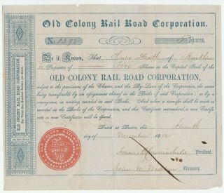 1853 Old Colony Railroad Company Stock Certificate Boston