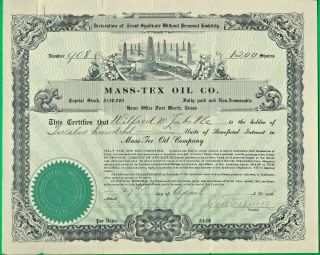 1920 Stock Certificate Mass - Tex Oil Co.  Of Fort Worth,  Texas