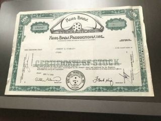 King Bros.  Production Inc.  Stock Certificate